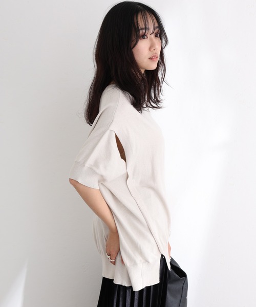 袖脇オープンラウンドネック5分袖ニット（ニット/セーター）｜ElegChic（エレグシック）