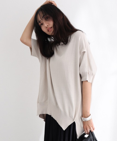袖脇オープンラウンドネック5分袖ニット（ニット/セーター）｜ElegChic（エレグシック）
