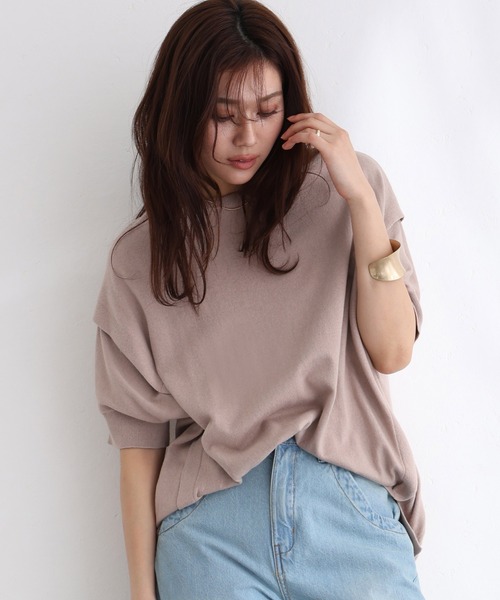 袖脇オープンラウンドネック5分袖ニット（ニット/セーター）｜ElegChic（エレグシック）