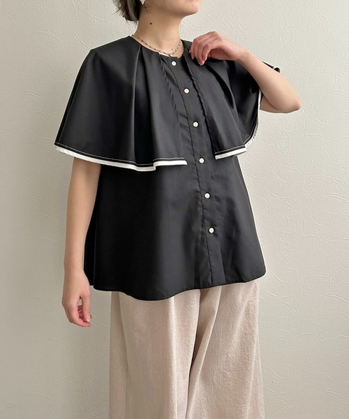 LHELBIE（レルビエ）の「トリミングケープブラウス（シャツ/ブラウス・レディース・ブラック/オフホワイト・M）」の11枚目の写真