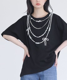 『フェイクパールリボンTシャツ』
