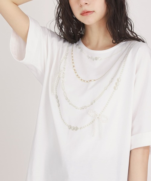 somari imagination(ソマリ イマジネーション)の「『フェイクパールリボンTシャツ』(Tシャツ/カットソー・レディース・ブラック/オフホワイト/ブルー・FREE)」の6枚目の写真