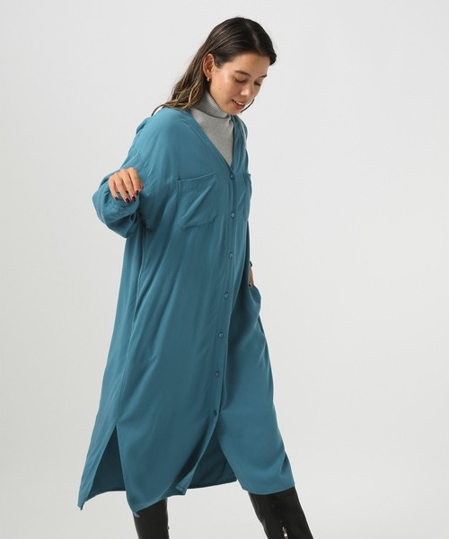 セール】[上品な微光沢素材にアップデート]袖リブシャツワンピース