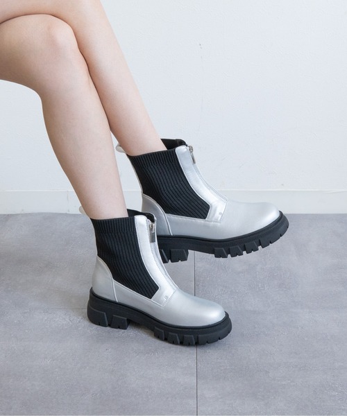 Fabby fabby(ファビィーファビィー)の「トラックソールニットジップショートブーツ(ブーツ・レディース・ブラック/シルバー・MEDIUM/LARGE)」の9枚目の写真
