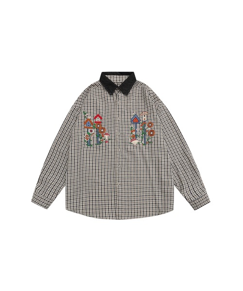 セール】HOOK -select- レトロ刺繍チェック柄デニム襟シャツ（シャツ
