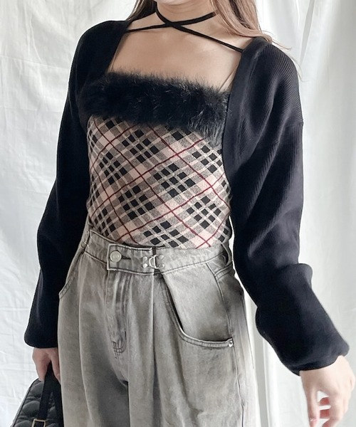 セール】【新色追加】ボレロセットファーチェックトップス