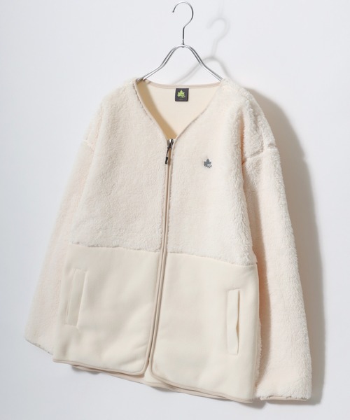 LOGOS(ロゴス)の「LOGOS/ロゴス シャギーボア×フリース 切替 ワンポイントロゴ刺繍 ノーカラージャケット(ブルゾン・レディース・チャコール/ベージュ/アイボリー・M/L/LL)」の4枚目の写真