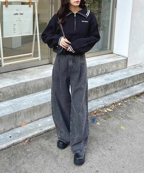 INGNI（イング）の「ケーブルショート丈ハーフジップニット（ニット/セーター・レディース・ブラック×ホワイト/ホワイト×ブラック/グレー×ホワイト/ワイン系2・M）」の18枚目の写真