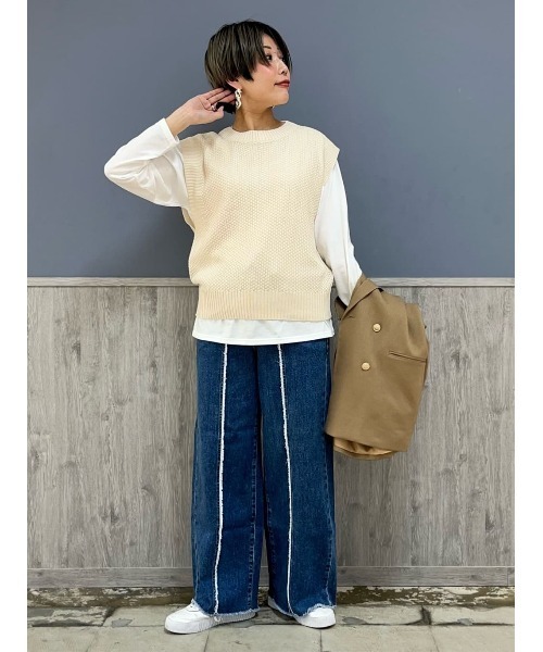 SOMETHING(サムシング)の「《快適ストレッチ/日本製》SOMETHING「LISA」フリンジワイドデニム(デニムパンツ・レディース・ダークインディゴブルー・S/M/L/XS)」の14枚目の写真