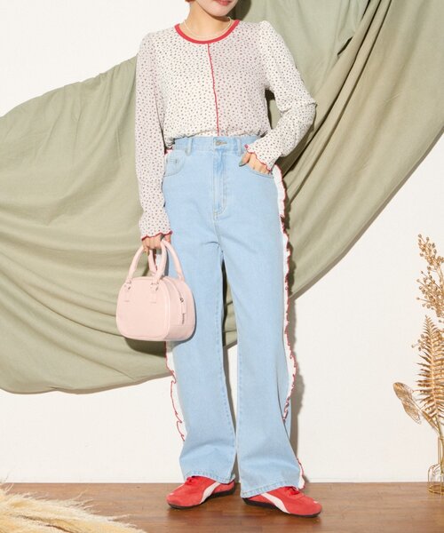 HELLO.SANFRANCISCO（ハローサンフランシスコ）の「【HELLO.SANFRANCISCO】配色ステッチカットフリルレースデニム（デニムパンツ・レディース・サックスブルー・X-SMALL/SMALL/MEDIUM）」の8枚目の写真