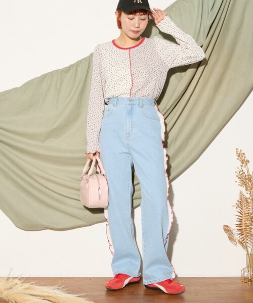 HELLO.SANFRANCISCO（ハローサンフランシスコ）の「【HELLO.SANFRANCISCO】配色ステッチカットフリルレースデニム（デニムパンツ・レディース・サックスブルー・X-SMALL/SMALL/MEDIUM）」の10枚目の写真