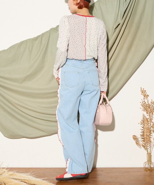 HELLO.SANFRANCISCO（ハローサンフランシスコ）の「【HELLO.SANFRANCISCO】配色ステッチカットフリルレースデニム（デニムパンツ・レディース・サックスブルー・X-SMALL/SMALL/MEDIUM）」の11枚目の写真