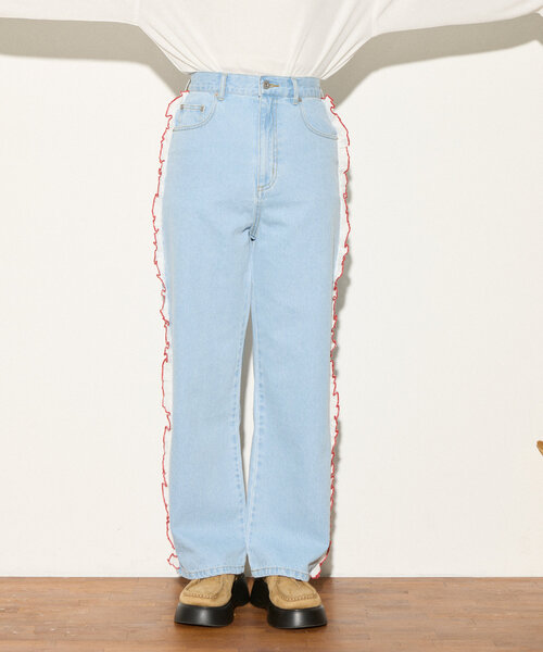HELLO.SANFRANCISCO（ハローサンフランシスコ）の「【HELLO.SANFRANCISCO】配色ステッチカットフリルレースデニム（デニムパンツ・レディース・サックスブルー・X-SMALL/SMALL/MEDIUM）」の15枚目の写真