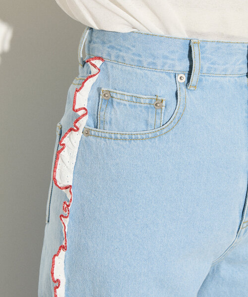 HELLO.SANFRANCISCO（ハローサンフランシスコ）の「【HELLO.SANFRANCISCO】配色ステッチカットフリルレースデニム（デニムパンツ・レディース・サックスブルー・X-SMALL/SMALL/MEDIUM）」の20枚目の写真