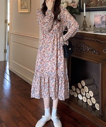 【i-dare】小花柄 長袖 カシュクール フレア ワンピース
