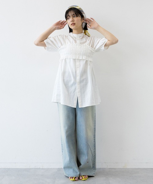 RAGEBLUE（レイジブルー）の「3WAY/リボンビスチェセットシャツチュニック（シャツ/ブラウス・レディース・ホワイト/グリーン・FREE）」の4枚目の写真