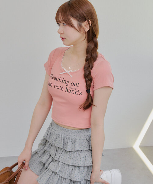 continuer de NICE CLAUP（コンティニューデナイスクラップ）の「【@re.__mi23セレクト】衿ぐりレーステレコT（Tシャツ/カットソー・レディース・ブラック/オフホワイト/ピンク・FREE）」の12枚目の写真