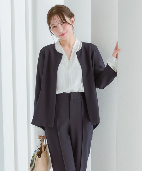 スーツセット レディース ラウンド ノーカラー ジャケット テーパード