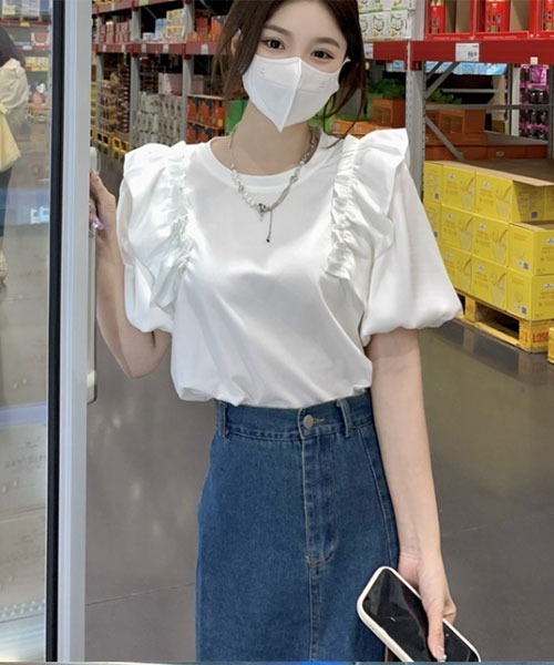 urge:(アージコロン )の「【URGE:】ショルダー フリル 異素材 半袖 カットソー(Tシャツ/カットソー・レディース・ブラック/ホワイト・SMALL/MEDIUM/LARGE/X-LARGE)」の3枚目の写真