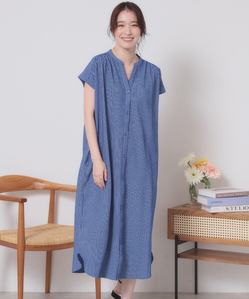 ITS'DEMO（イッツデモ）の「【洗濯機OK／洗濯後しわになりにくい】カットサッカー前開きワンピース（ワンピース・レディース・ベージュ/ネイビー/オレンジ/サックスブルー・00）」の3枚目の写真