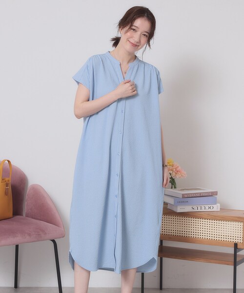 ITS'DEMO（イッツデモ）の「【洗濯機OK／洗濯後しわになりにくい】カットサッカー前開きワンピース（ワンピース・レディース・ベージュ/ネイビー/オレンジ/サックスブルー・00）」の4枚目の写真