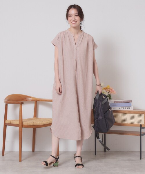 ITS'DEMO（イッツデモ）の「【洗濯機OK／洗濯後しわになりにくい】カットサッカー前開きワンピース（ワンピース・レディース・ベージュ/ネイビー/オレンジ/サックスブルー・00）」の6枚目の写真