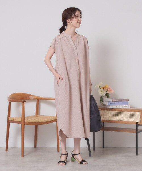 ITS'DEMO（イッツデモ）の「【洗濯機OK／洗濯後しわになりにくい】カットサッカー前開きワンピース（ワンピース・レディース・ベージュ/ネイビー/オレンジ/サックスブルー・00）」の7枚目の写真