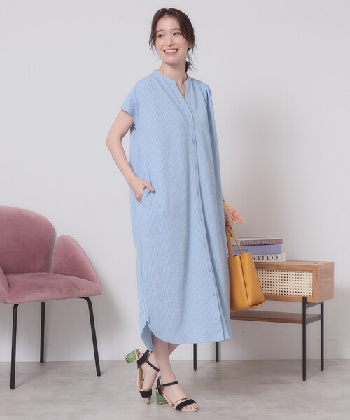 ITS'DEMO（イッツデモ）の「【洗濯機OK／洗濯後しわになりにくい】カットサッカー前開きワンピース（ワンピース・レディース・ベージュ/ネイビー/オレンジ/サックスブルー・00）」の17枚目の写真