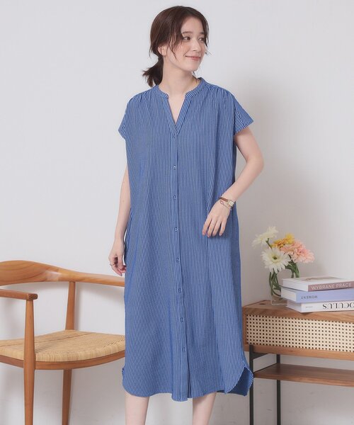 ITS'DEMO（イッツデモ）の「【洗濯機OK／洗濯後しわになりにくい】カットサッカー前開きワンピース（ワンピース・レディース・ベージュ/ネイビー/オレンジ/サックスブルー・00）」の19枚目の写真