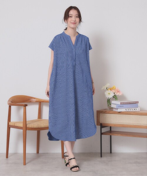 ITS'DEMO（イッツデモ）の「【洗濯機OK／洗濯後しわになりにくい】カットサッカー前開きワンピース（ワンピース・レディース・ベージュ/ネイビー/オレンジ/サックスブルー・00）」の20枚目の写真