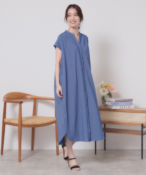 ITS'DEMO（イッツデモ）の「【洗濯機OK／洗濯後しわになりにくい】カットサッカー前開きワンピース（ワンピース・レディース・ベージュ/ネイビー/オレンジ/サックスブルー・00）」の21枚目の写真