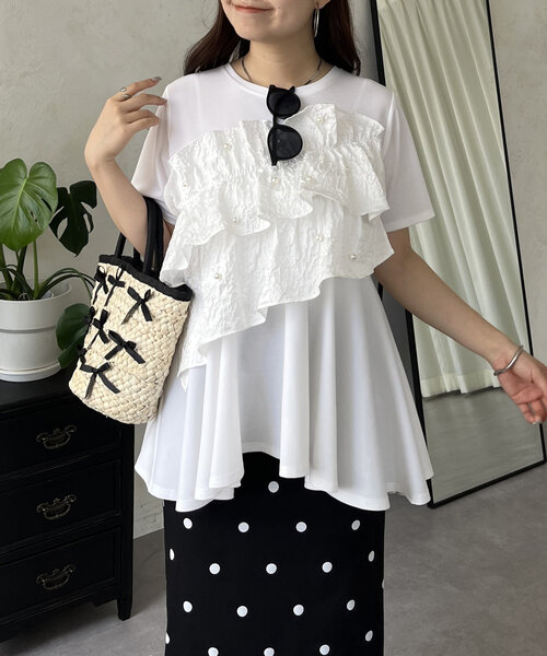 セール】パールフリルペプラムTシャツ（Tシャツ/カットソー
