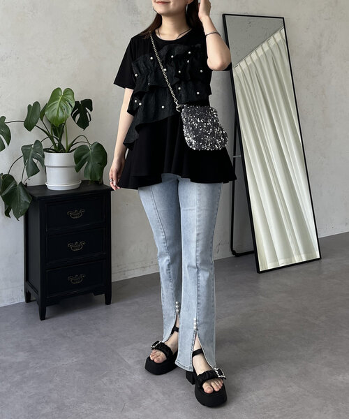 tシャツ パール付きペプラムカットソー レディース tシャツ パールモチーフペプラムトップス レディース : ZOZOTOWN