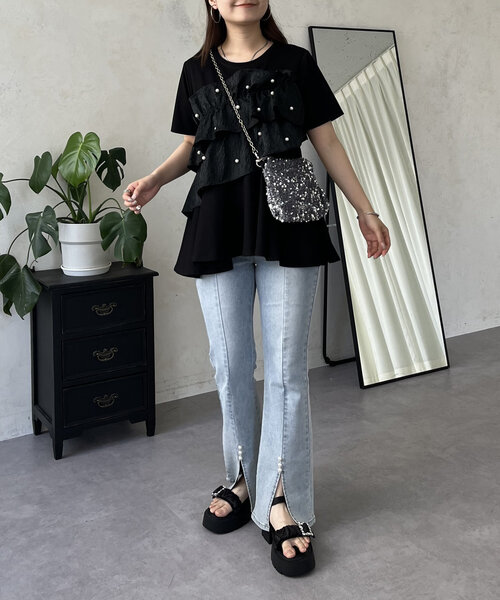 美品✨ソーノ パフスリーブカットソー パール ペプラム フリル ドット ブラック パールフリルペプラムTシャツ（Tシャツ/カットソー）｜prose