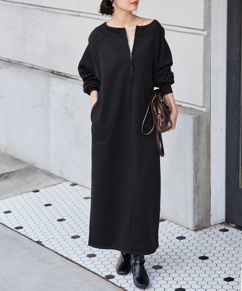 【m】ルナン　ロゴジップワンピース　ブラック セール】裏起毛ハーフジップスウェットワンピース（ワンピース