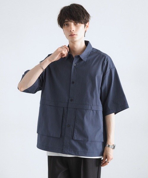 RAGEBLUE（レイジブルー）の「ミニチェック柄ビッグポケットドロストシャツ（シャツ/ブラウス・メンズ・ネイビー/オフホワイト/ライトブルー・MEDIUM/LARGE）」の3枚目の写真