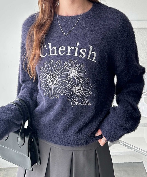 FIRST MOOD(ファーストムード)の「《FIRSTMOODコラボ》フラワー刺繍シャギーニット(ニット/セーター・レディース・ネイビー/オフホワイト・MEDIUM/LARGE)」の2枚目の写真