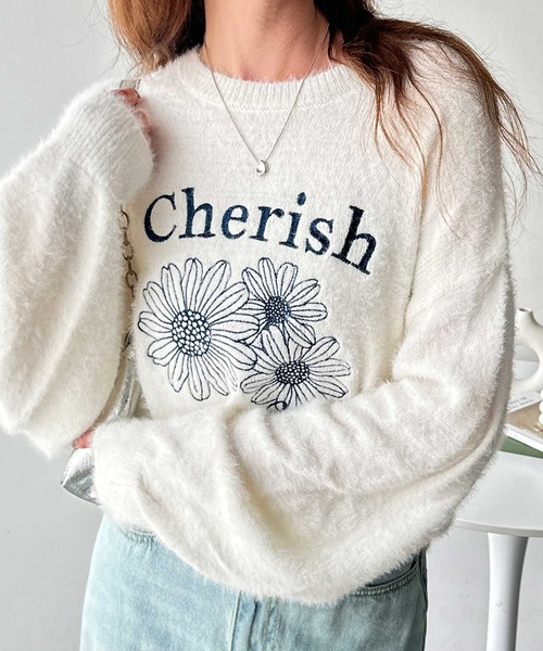 FIRST MOOD(ファーストムード)の「《FIRSTMOODコラボ》フラワー刺繍シャギーニット(ニット/セーター・レディース・ネイビー/オフホワイト・MEDIUM/LARGE)」の1枚目の写真