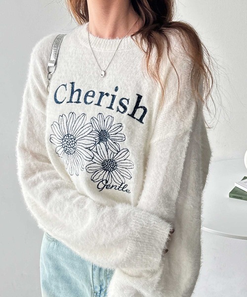 FIRST MOOD(ファーストムード)の「《FIRSTMOODコラボ》フラワー刺繍シャギーニット(ニット/セーター・レディース・ネイビー/オフホワイト・MEDIUM/LARGE)」の5枚目の写真