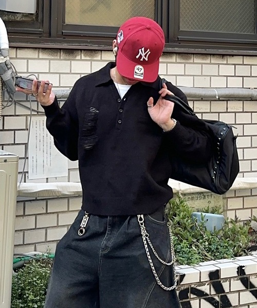 MandO（Auntie Rosa）（エムオー）の「ダメージニットスキッパー/ニットポロ（ニット/セーター・メンズ・ブラック/グレー・LARGE/MEDIUM）」の2枚目の写真