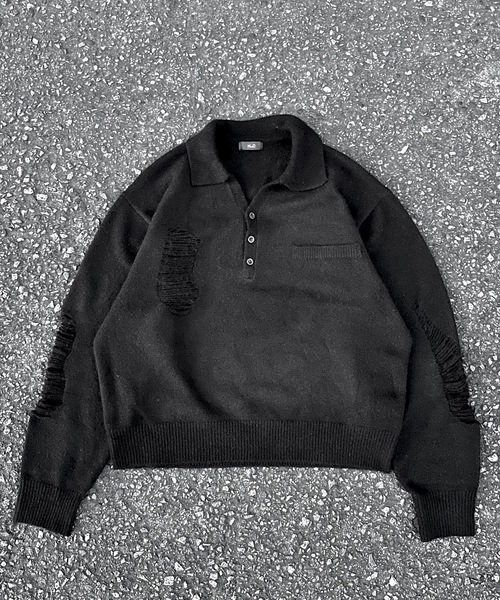 MandO（Auntie Rosa）（エムオー）の「ダメージニットスキッパー/ニットポロ（ニット/セーター・メンズ・ブラック/グレー・LARGE/MEDIUM）」の14枚目の写真