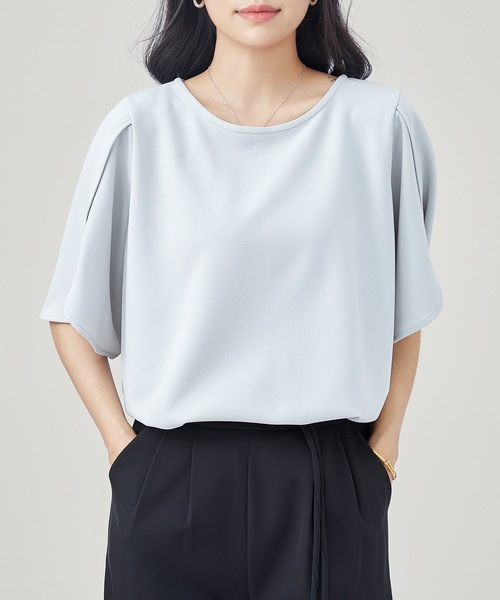 Lace Ladies(レースレディース)の「ソリッドカラー フレア 半袖 クルーネック ブラウス(シャツ/ブラウス・レディース・チャコールグレー/グレー/ブラック/アイボリー・S/FREE)」の4枚目の写真