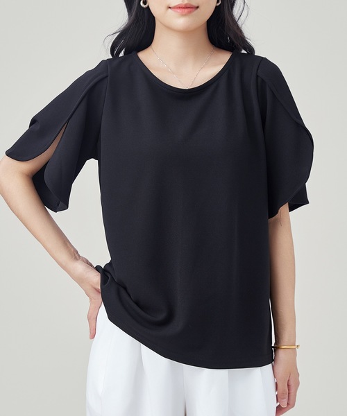 Lace Ladies(レースレディース)の「ソリッドカラー フレア 半袖 クルーネック ブラウス(シャツ/ブラウス・レディース・チャコールグレー/グレー/ブラック/アイボリー・S/FREE)」の1枚目の写真
