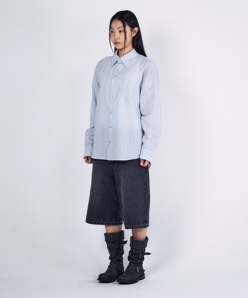 SLOWACID（スローアシッド）の「【UNISEX】SLOW ACID／ストライプBUTTONシャツ（シャツ/ブラウス・レディース・ネイビー/ライトブルー・SMALL/MEDIUM）」の4枚目の写真