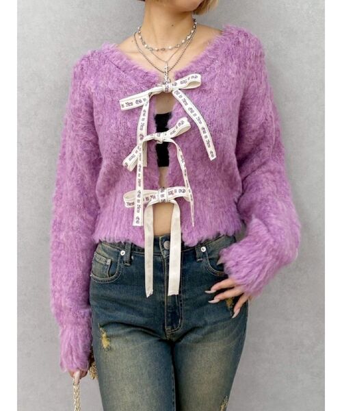 EVRIS（エヴリス）の「2WAYリボンシャギーニットカーディガン（ニット/セーター・レディース・ピンク/アイボリー/グレー/ブルー・FREE）」の4枚目の写真