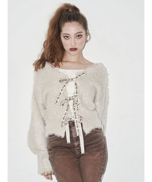 EVRIS（エヴリス）の「2WAYリボンシャギーニットカーディガン（ニット/セーター・レディース・ピンク/アイボリー/グレー/ブルー・FREE）」の14枚目の写真