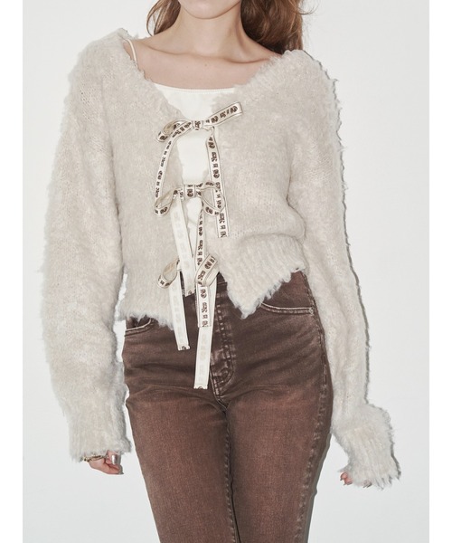 EVRIS（エヴリス）の「2WAYリボンシャギーニットカーディガン（ニット/セーター・レディース・ピンク/アイボリー/グレー/ブルー・FREE）」の2枚目の写真