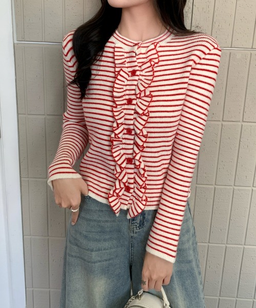 AsRiRe(アスリレイ)の「新色追加/25aw 配色ストライプフリルカーディガン(カーディガン/ボレロ・レディース・レッド/イエロー/ブラウン・M)」の20枚目の写真