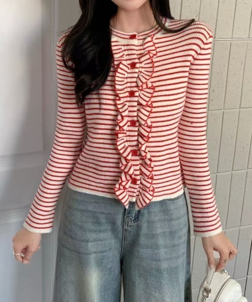 AsRiRe(アスリレイ)の「新色追加/25aw 配色ストライプフリルカーディガン(カーディガン/ボレロ・レディース・レッド/イエロー/ブラウン・M)」の19枚目の写真