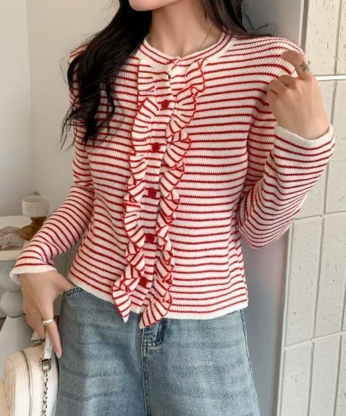 AsRiRe(アスリレイ)の「新色追加/25aw 配色ストライプフリルカーディガン(カーディガン/ボレロ・レディース・レッド/イエロー/ブラウン・M)」の17枚目の写真